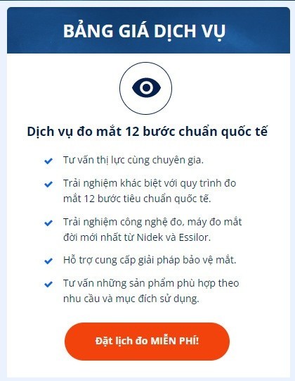 Dịch vụ đo mắt, quy trình đo mắt 12 bước chuẩn quốc tế (1) Bảng giá dịch vụ đo mắt - Ảnh: 1