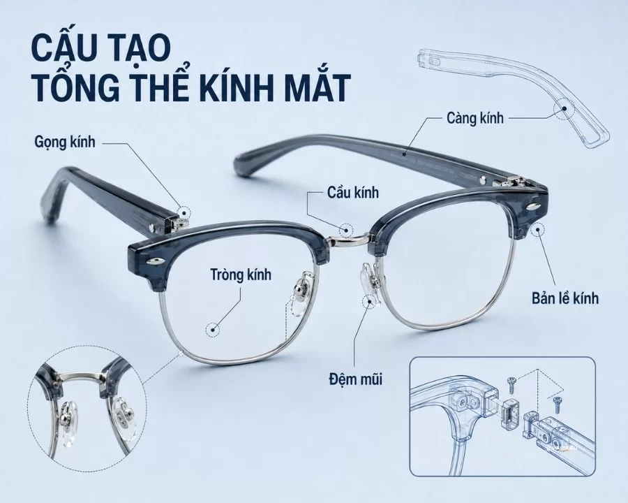 Gọng kính là gì? Mô tả cấu tạo tổng thể của gọng kính mắt
