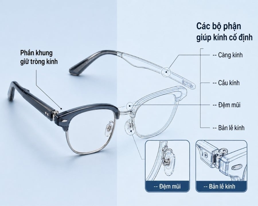 Hình ảnh minh họa một chiếc kính mắt với phần gọng được làm nổi bật để người đọc dễ nhận biết vị trí của gọng kính