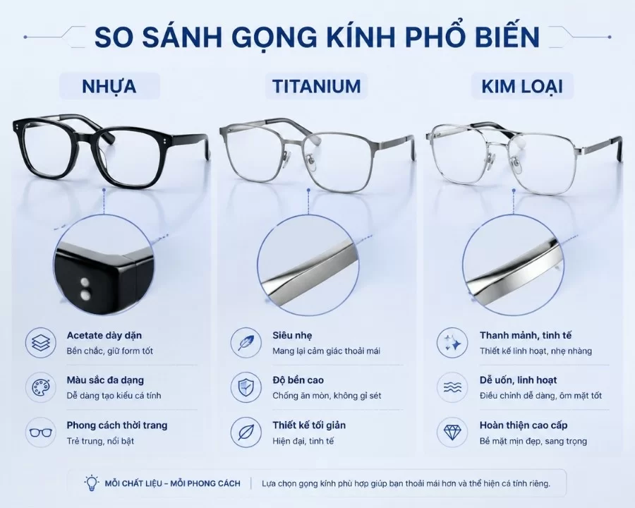 So sánh các chất liệu gọng kính phổ biến hiện nay