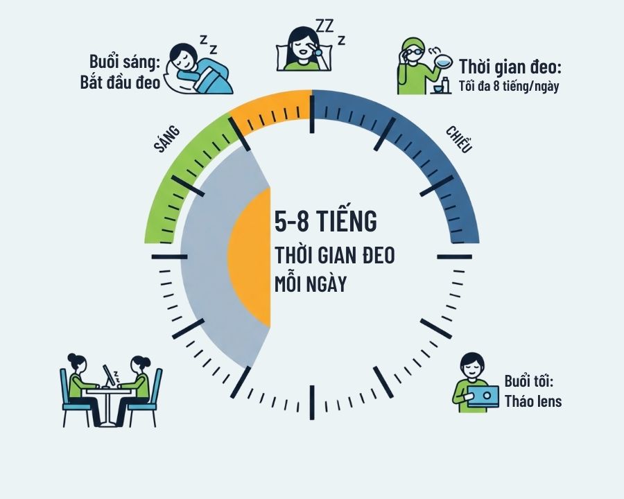 Cận 5 độ có đeo kính áp tròng được không? Tần suất và lưu ý (6) Người cận 5 độ chỉ nên đeo kính áp tròng tối đa 8 tiếng/ngày để bảo vệ giác mạc