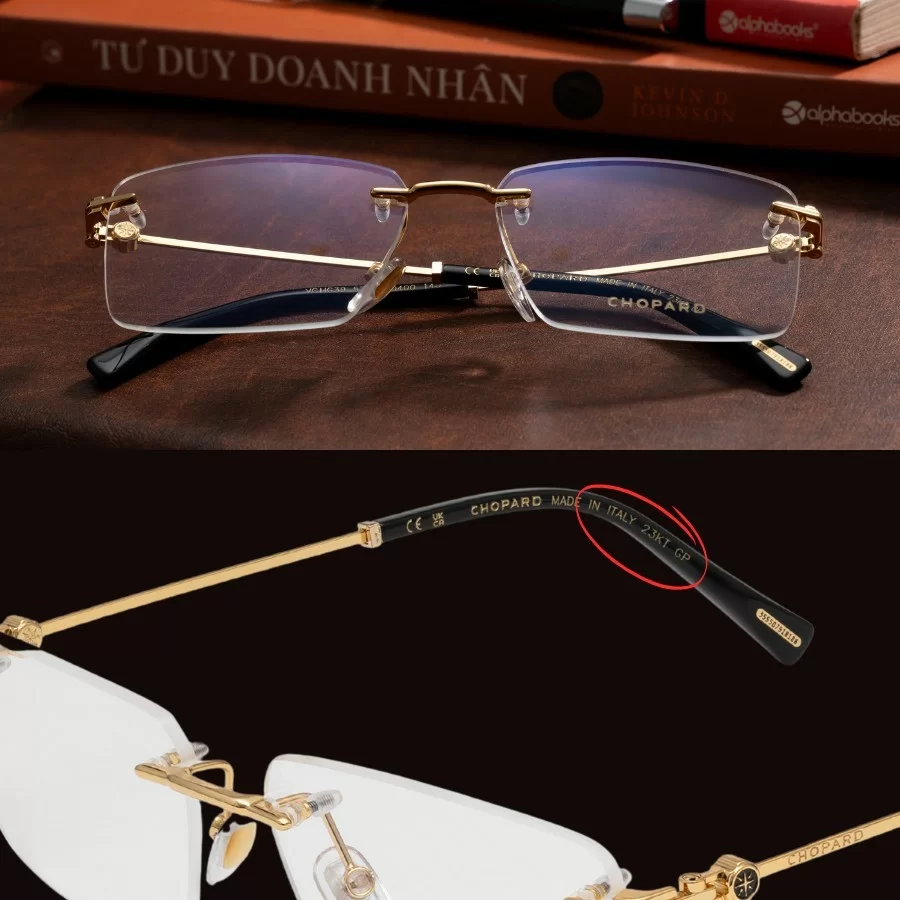 Chi tiết "23 KT GP" trên gọng kính nói về chất liệu vàng 23 karat