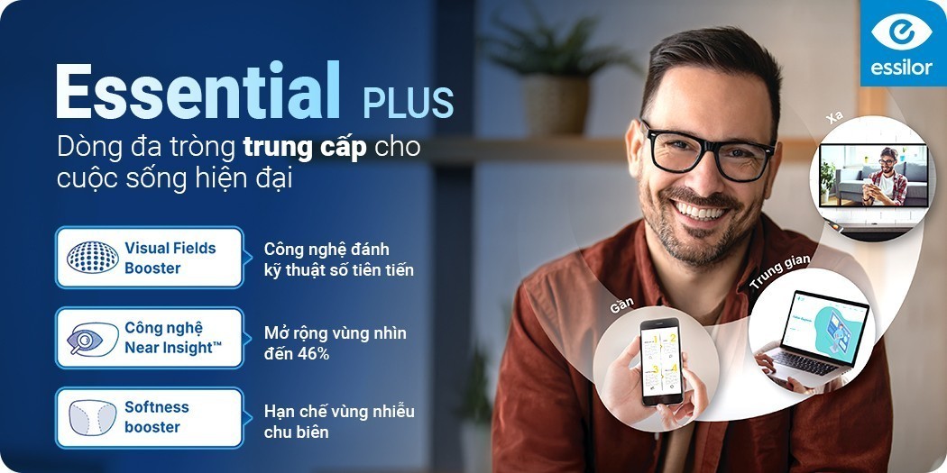 Kính đa tròng Essilor Essential trung cấp, chính hãng 100%