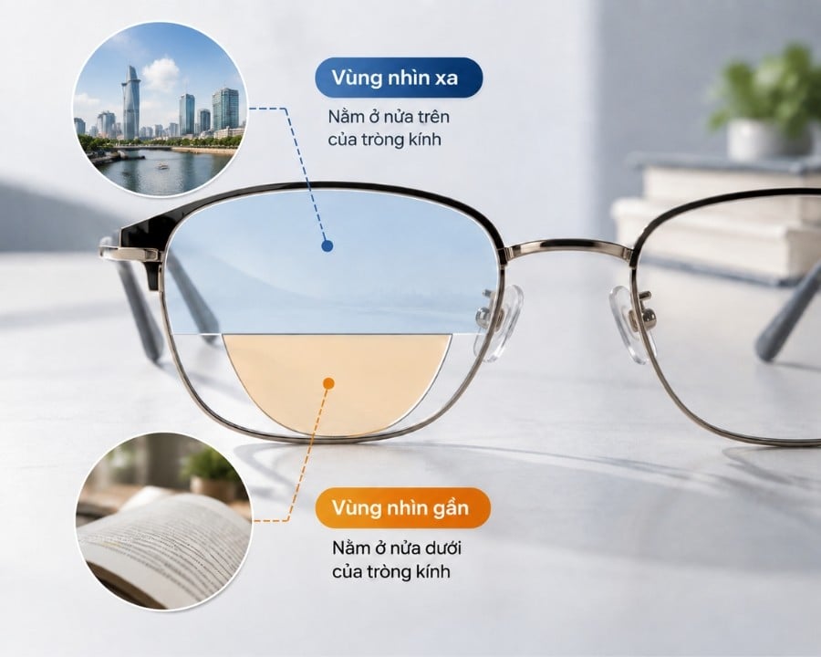 Kính 2 tròng là gì? Cấu tạo, cách hoạt động và ưu nhược điểm (2) Cấu tạo của kính hai tròng là gì? Bao gồm: Vùng nhìn xa ở nửa trên và vùng nhìn gần ở nửa dưới của tròng kính