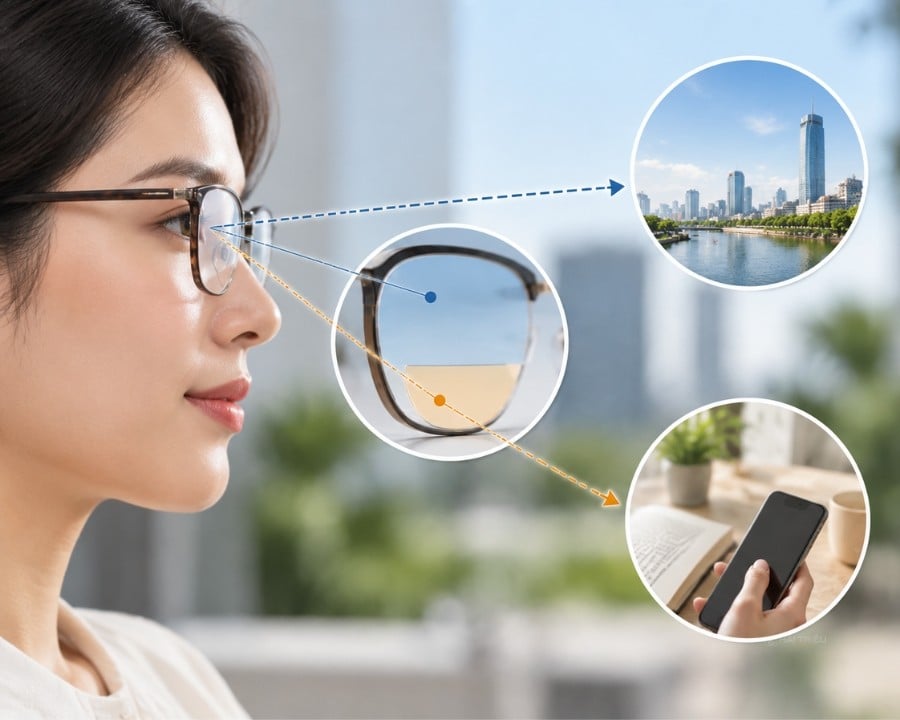 Kính 2 tròng là gì? Cấu tạo, cách hoạt động và ưu nhược điểm (3) Góc nhìn thẳng và góc liếc xuống quyết định vùng quang học mà mắt sử dụng