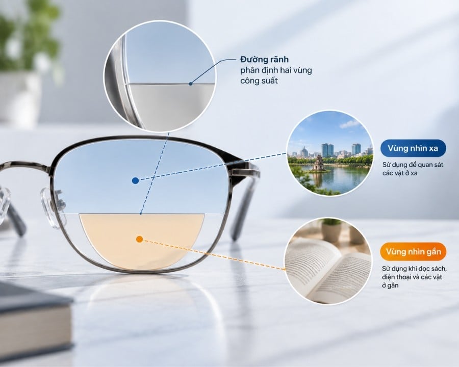 Kính 2 tròng là gì? Cấu tạo, cách hoạt động và ưu nhược điểm (4) Đường phân cách vật lý của hai tròng chia rẽ hai khoảng công suất quang học