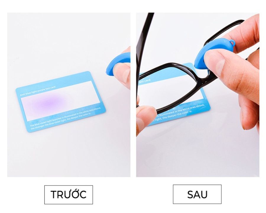 7+ Cách nhận biết kính chống ánh sáng xanh chính hãng từ A-Z (5) Miếng giấy thử chuyển màu tím khi tiếp xúc ánh sáng xanh