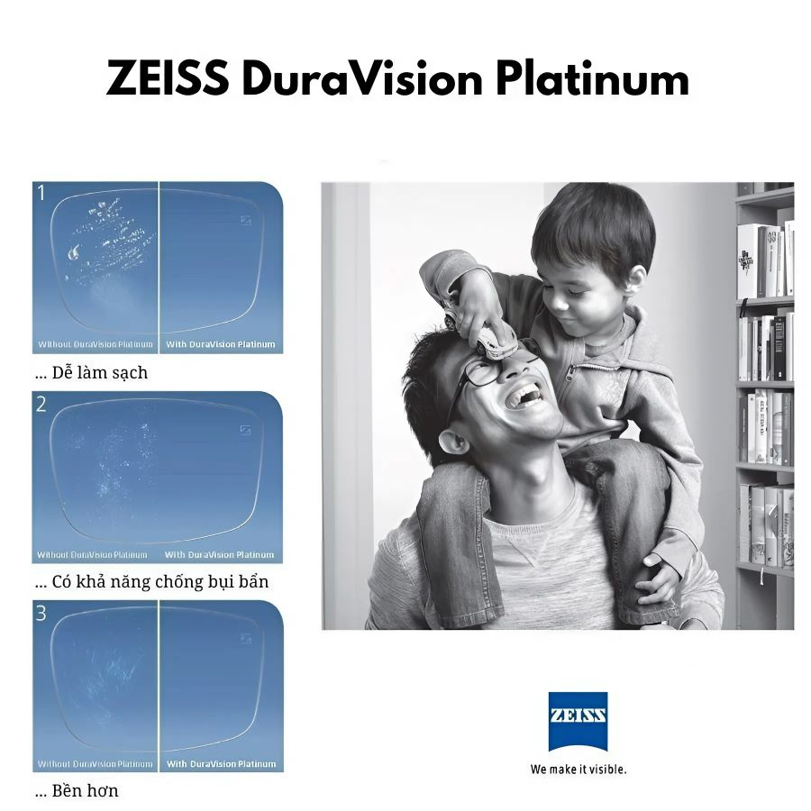 Tròng kính chống ánh sáng xanh loại nào tốt? TOP 7 phổ biến (5) Zeiss DuraVision BlueProtect UV hạn chế trầy xước và bám bụi
