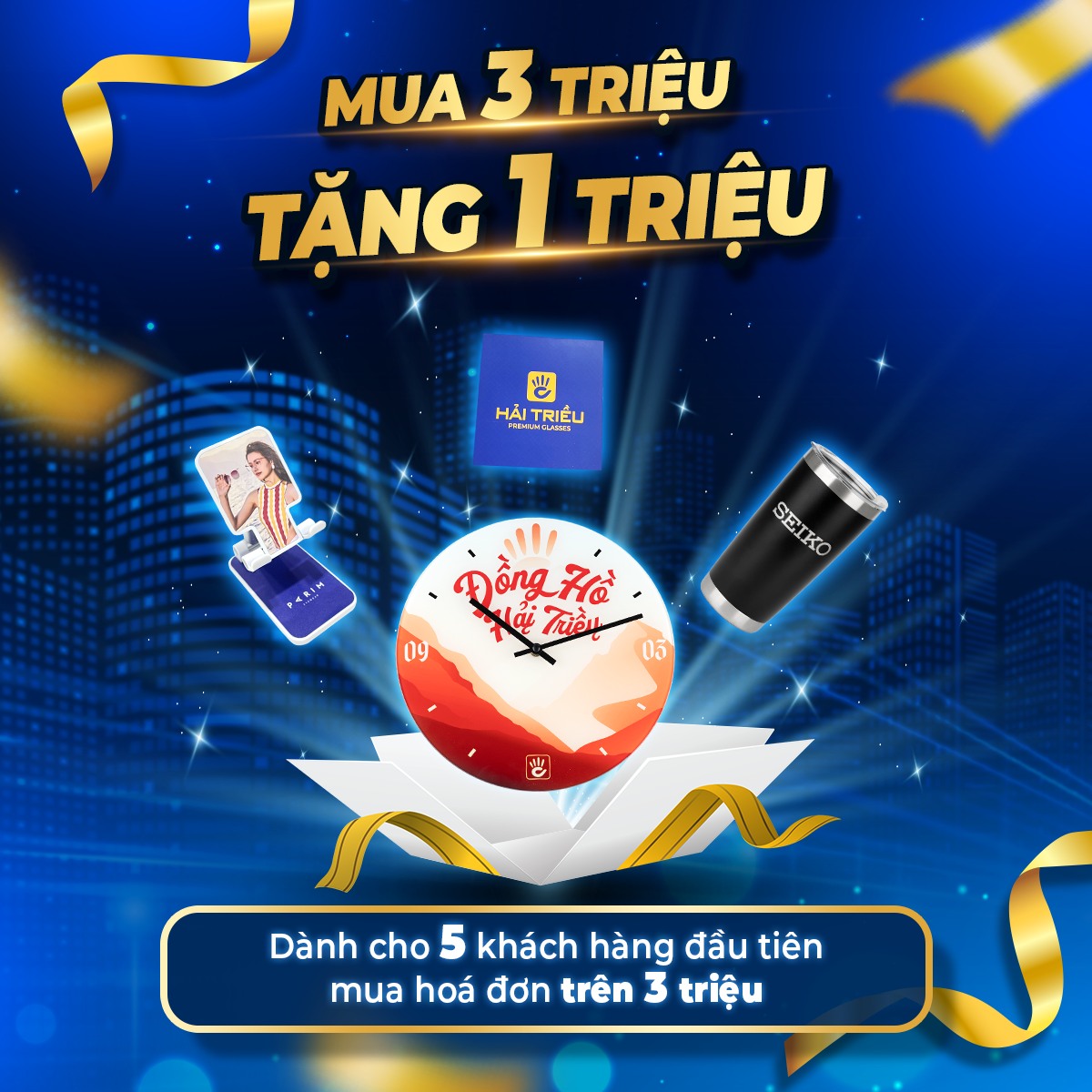 Khai trương cửa hàng Kính Hải Triều Nguyễn Thị Thập: Mua 1 tặng 1 (4) Combo quà mua 3 triệu tặng 1 triệu tại tuần lễ khai trương Kính Hải Triều Nguyễn Thị Thập