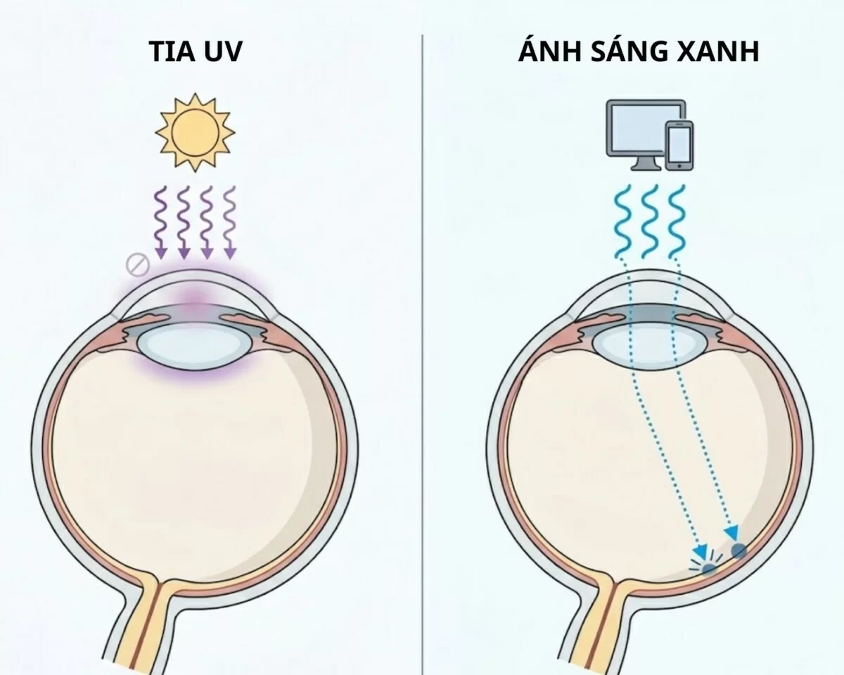 Mắt kính chống tia UV và ánh sáng xanh: Phân biệt, loại nào tốt? (2) Tròng kính chống tia UV và ánh sáng xanh tuy đều bảo vệ mắt nhưng lại khác biệt rõ rệt về cấu tạo, công nghệ, tính năng và cả mức giá