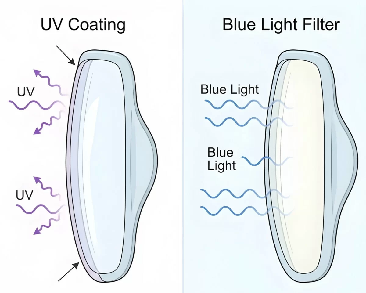 Mắt kính chống tia UV và ánh sáng xanh: Phân biệt, loại nào tốt? (3) Hiện nay, nhiều dòng tròng kính cao cấp đã tích hợp đồng thời công nghệ chống tia UV và lọc ánh sáng xanh