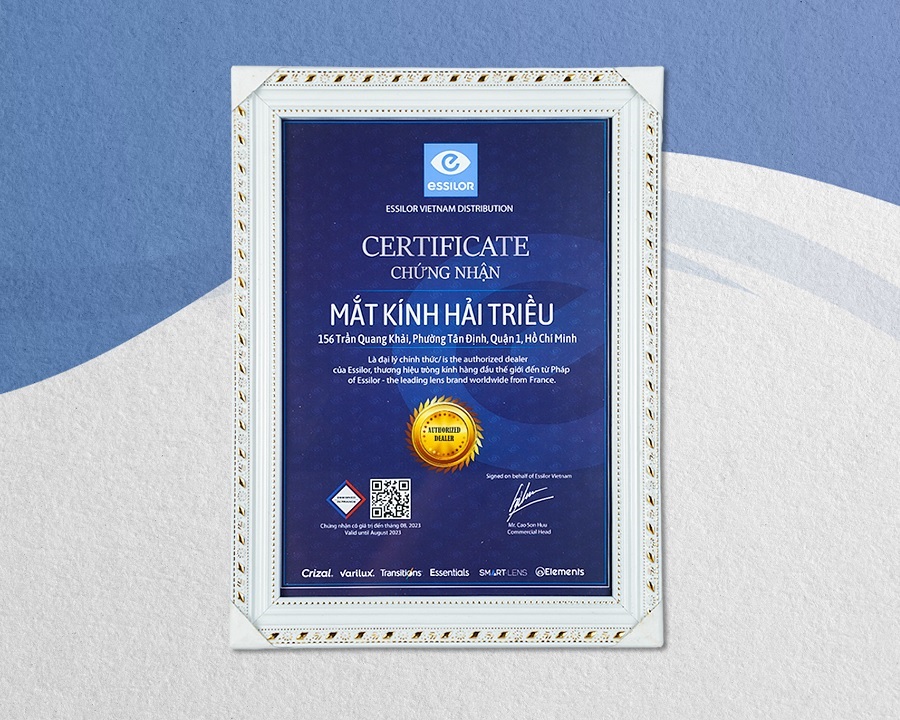 Giấy chứng nhận Kính Hải Triều là đại lý chính hãng ủy quyền của Essilor tại Việt Nam