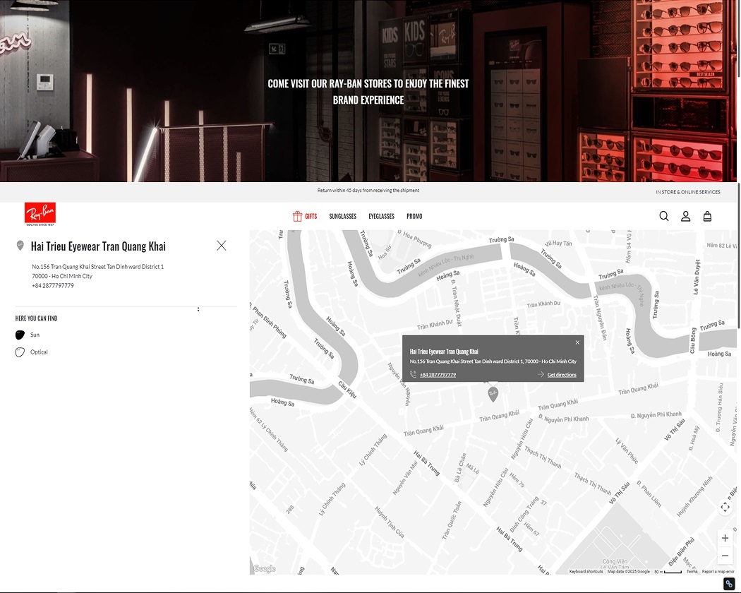 Kính Hải Triều xuất hiện trên Store Locator của RayBan toàn cầu