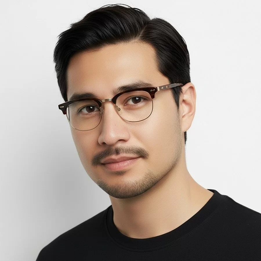 Mặt tròn vuông đeo kính gì? Gợi ý 4 kiểu gọng phù hợp với khuôn mặt "lai" (6) Gọng Browline mang đến vẻ trí thức, tạo nên vẻ hài hòa với người có khuôn mặt tròn vuông