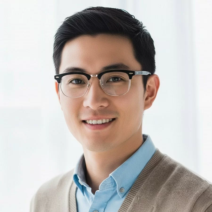 Mặt vuông đeo kính gì? Bí kíp chọn kính phù hợp cho nam, nữ (5) Mặt vuông đeo kính gì? Dáng gọng Browline là câu trả lời hoàn hảo