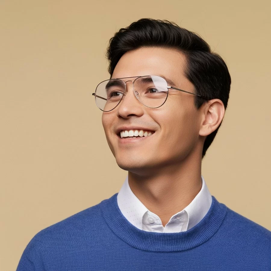 Mặt vuông đeo kính gì? Bí kíp chọn kính phù hợp cho nam, nữ (6) Gọng kính Aviator giúp làm mềm các đường nét góc cạnh trên gương mặt nam giới