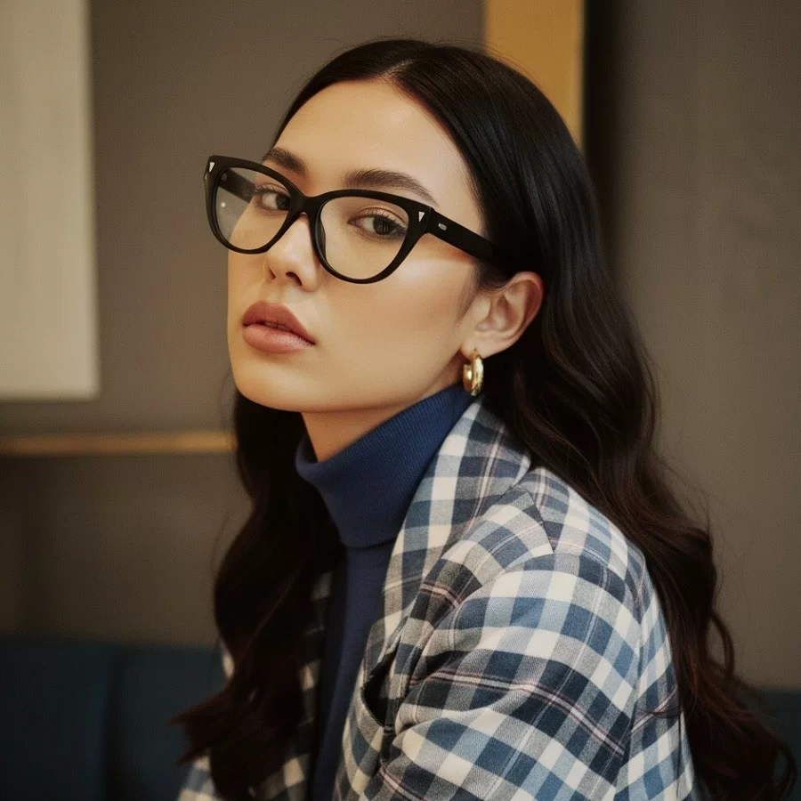 Mặt vuông đeo kính gì? Bí kíp chọn kính phù hợp cho nam, nữ (7) Kính mắt mèo là sự lựa chọn phù hợp cho nữ giới sở hữu gương mặt vuông