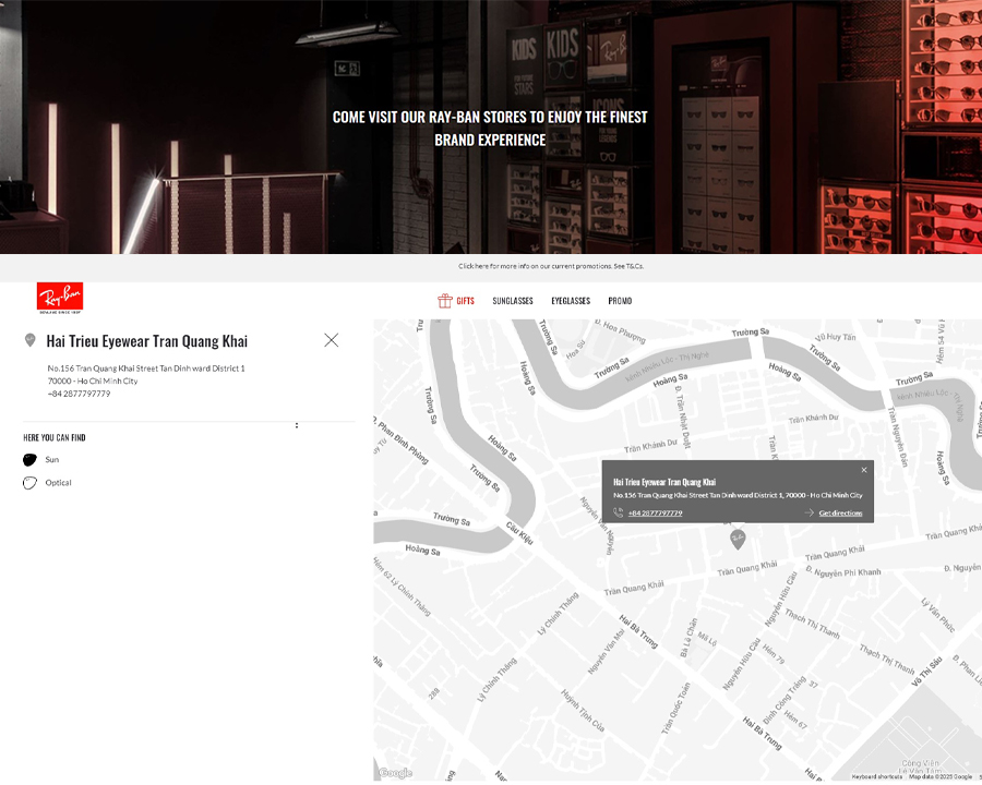 Kính Hải Triều xuất hiện trên Store Locator của RayBan