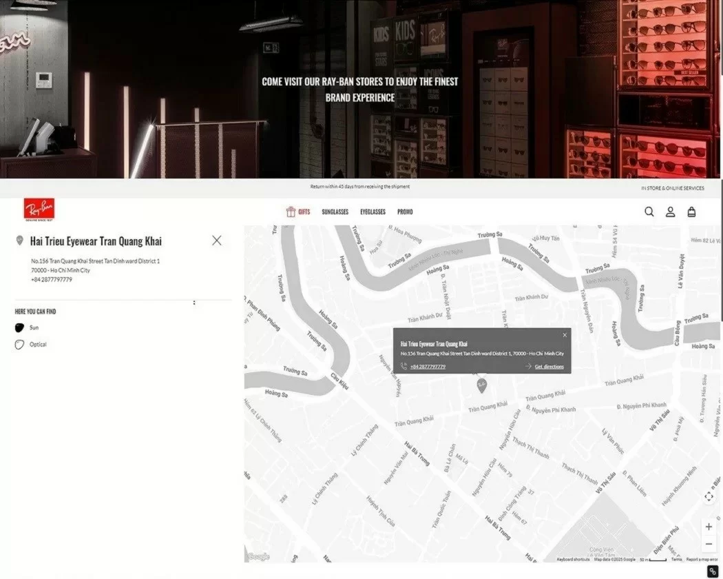 Kính Hải Triều hiện diện trên Store Locator của website RayBan toàn cầu