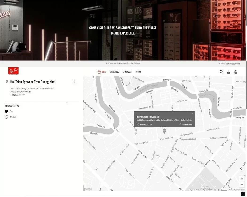 Kính Hải Triều xuất hiện trên Store Locator của website RayBan toàn cầu