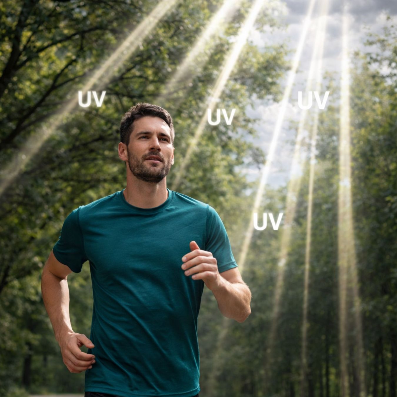 Người đàn ông chạy bộ dưới tán cây vẫn tiếp xúc với tia UV