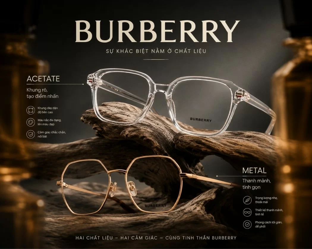 Phân biệt gọng kính Acetate và Kim loại Burberry, loại nào phù hợp