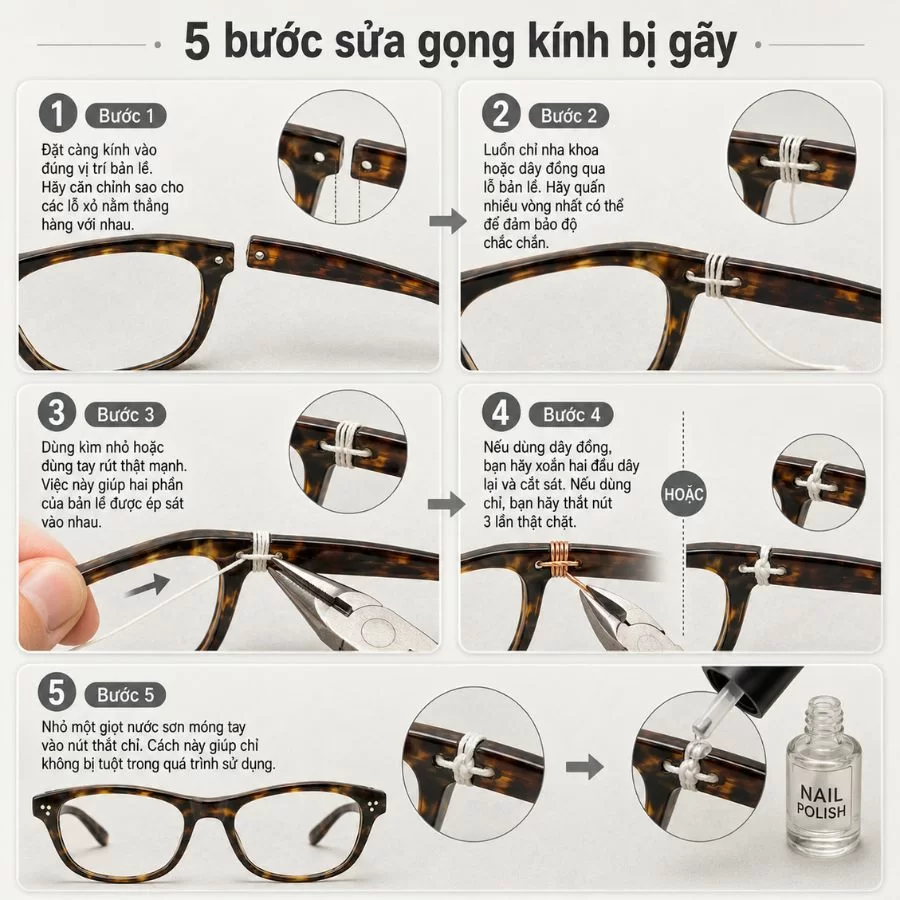 Các bước sử dụng ốc, ke để nối lại gọng bị gãy