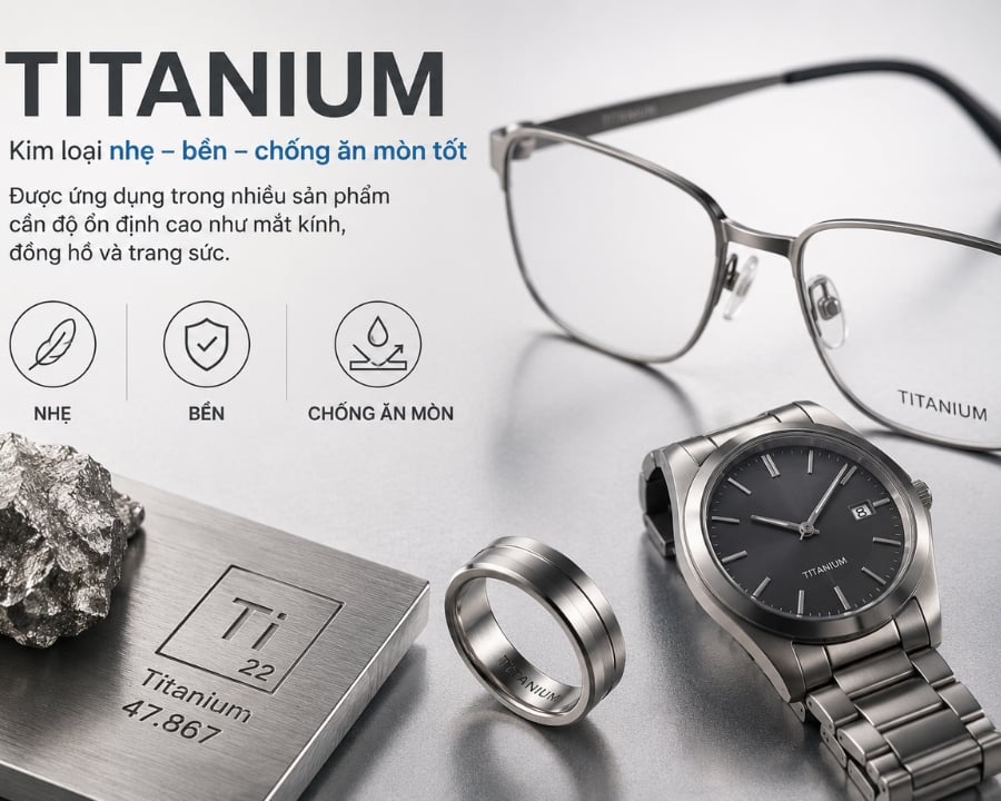Titanium là kim loại nhẹ, bền và chống ăn mòn tốt, được ứng dụng trong nhiều sản phẩm cần độ ổn định cao như mắt kính, đồng hồ và trang sức