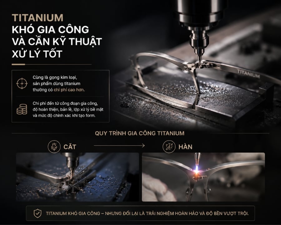 Quá trình gia công titanium đòi hỏi kỹ thuật xử lý chính xác để tạo được bề mặt đẹp, form ổn định và chi tiết gọng chắc chắn