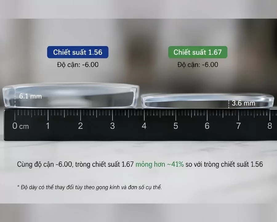 Cùng độ cận -6.00, tròng chiết suất 1.67 mỏng hơn 41% so với tròng chiết suất 1.56