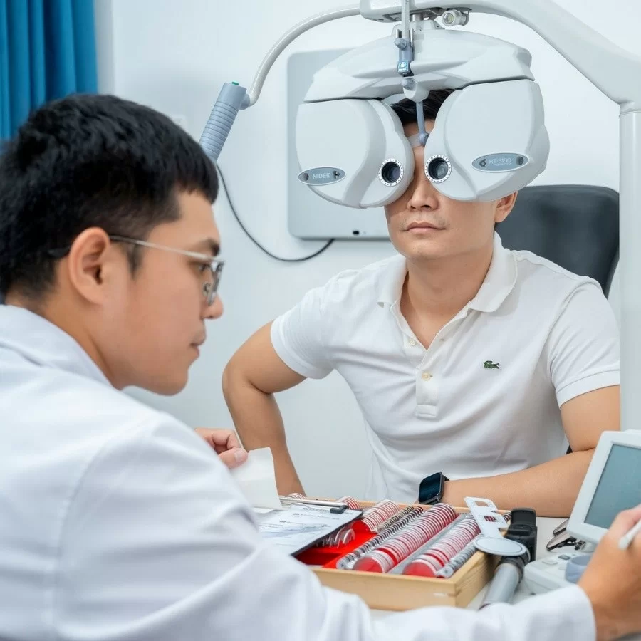 Chuyên viên Hải Triều đo khám mắt cho khách hàng