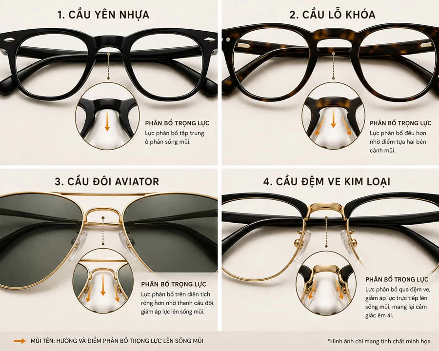 Các kiểu cầu mũi mắt kính: Ưu nhược điểm và cách chọn (3) So sánh nhanh các kiểu cầu mũi phổ biến
