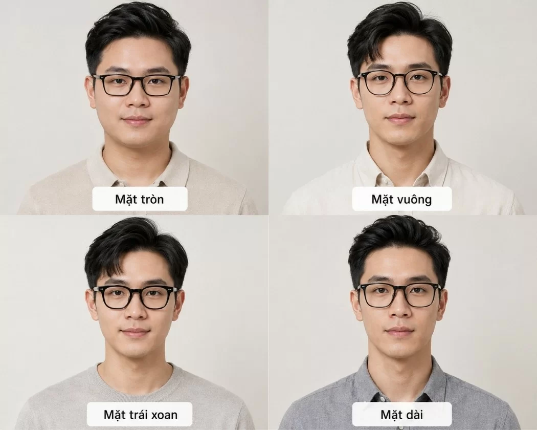 Người mẫu đeo kính gọng đen với các dáng khuôn mặt khác nhau để minh họa cách chọn form phù hợp
