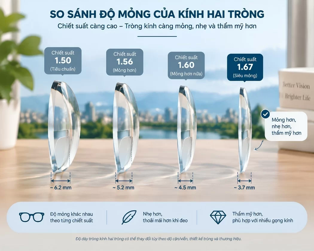 Chiết suất kính hai tròng ảnh hưởng đến độ mỏng của tròng kính