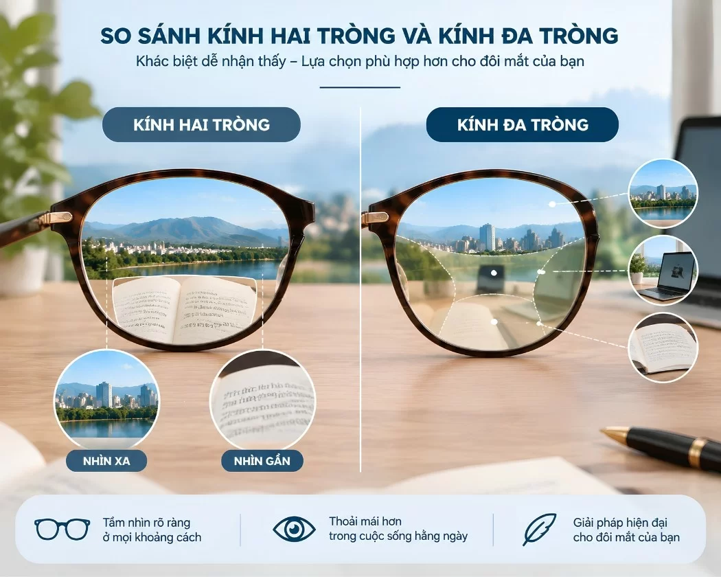 Phân biệt kính hai tròng và kính đa tròng qua cấu tạo vùng nhìn